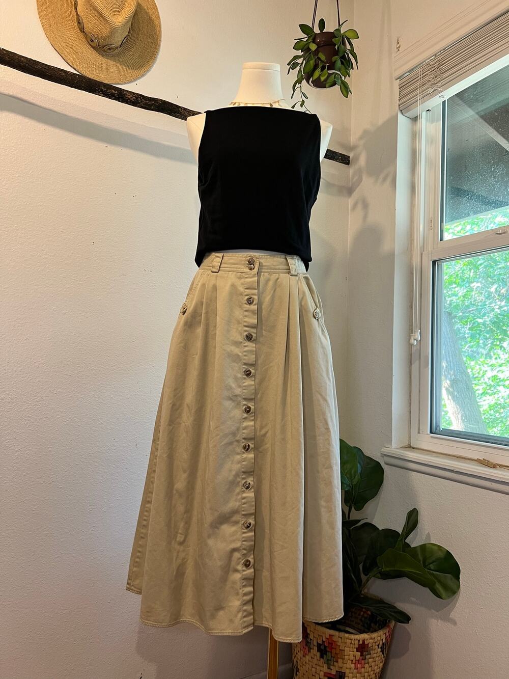 Vintage Cabin Creek Tan Khaki Cotton Button Front Midi Skirt Size Small Pockets